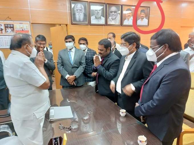 Udhayanidhi Stalin's photo seen hanging in Law Minister S Raghupathy's office.