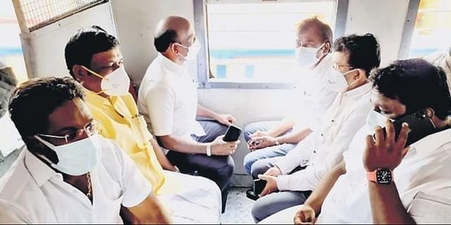 Health minister M Subramanian travelled by an EMU train between Chennai Beach and Guindy stations to see if Covid-19 protocol was being observed among public.