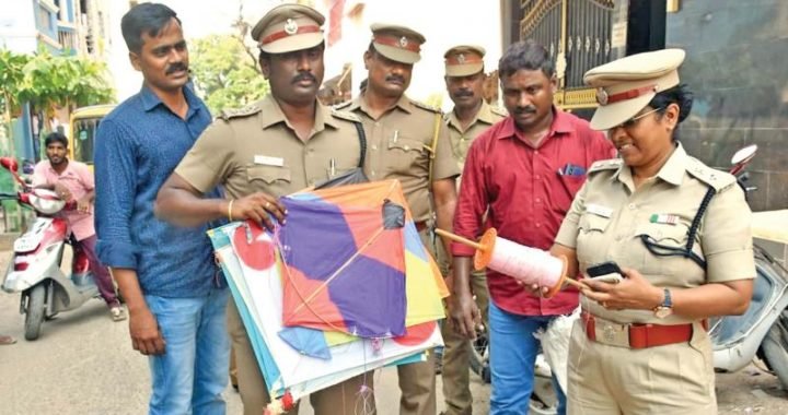 Police after recovering rolls of manja thread from several shops in the city.