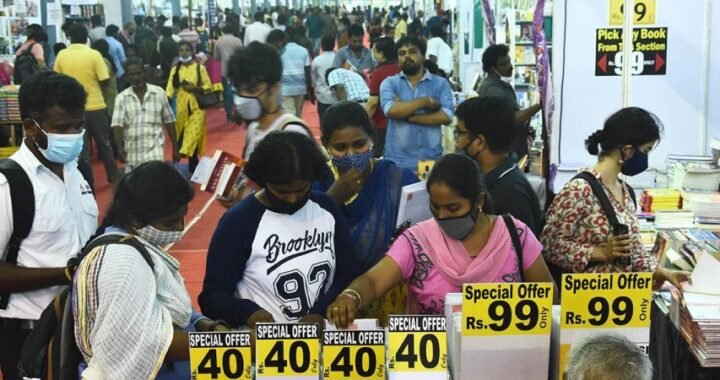 People buy books on the last day of Chennai Book Fair at YMCA Nandanam on Tuesday. Publishers made about `12 crore at the fair this year.