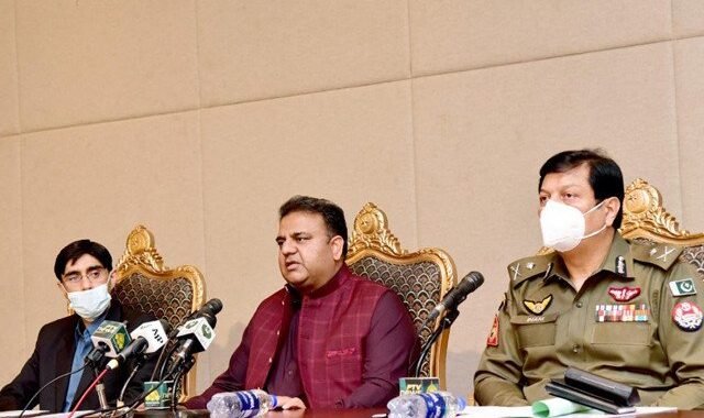National Security Adviser Dr Moeed Yousaf (left), Information Minister Fawad Chaudhry and Punjab Police IG Inam Ghani.