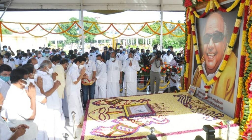 Tamil Nadu Chief Minister M K Stalin pays tribute at the mausoleum of former Chief Minister M Karunanidhi.
